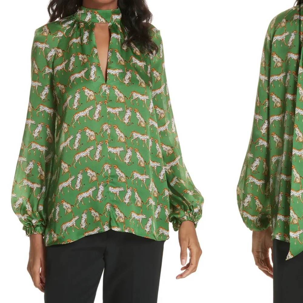 MILLY Green Leopard Silk Top - Sz8